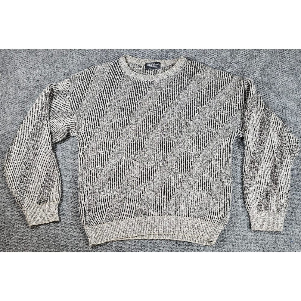 Ellis Island Striped Knit Sweater Vintage Made in USA Gray Black Mens Size M
